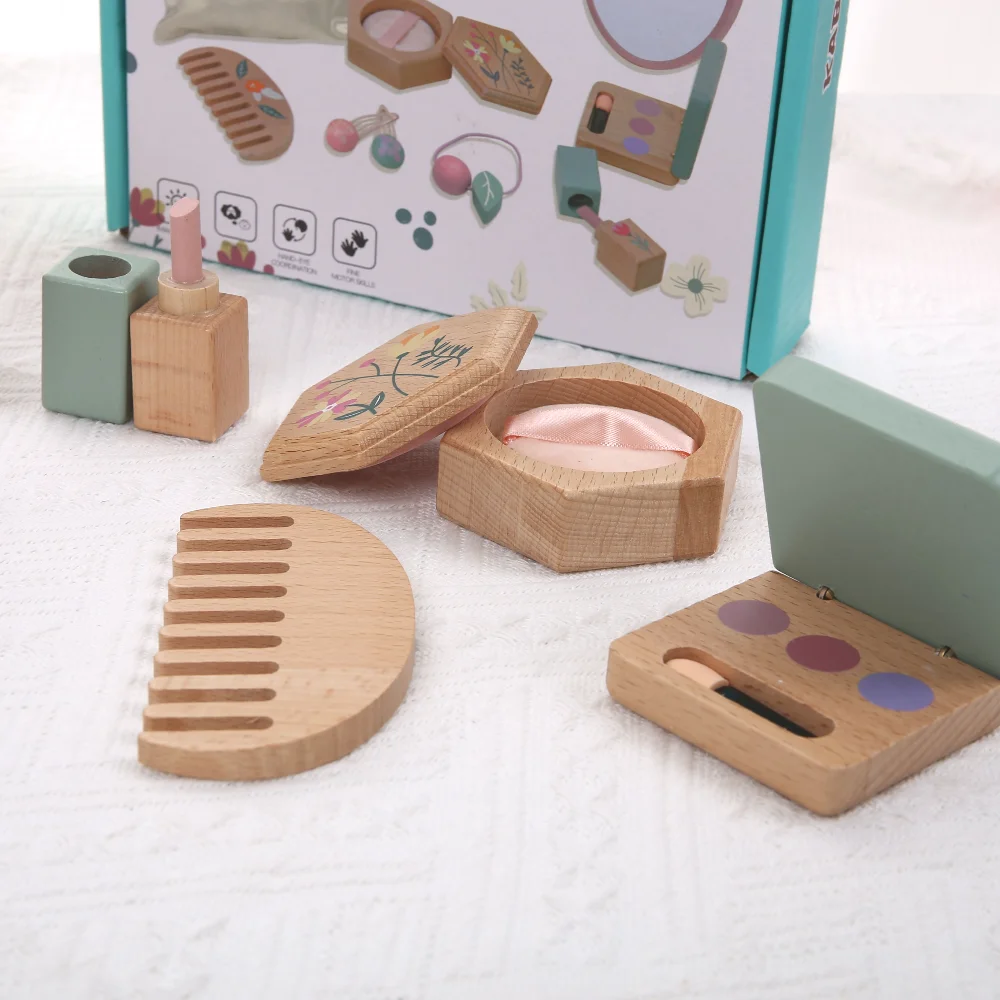 Juego de salón de belleza de madera, juego de maquillaje de madera, tocador de maquillaje para niñas, juguetes cosméticos, regalos de cumpleaños para niños