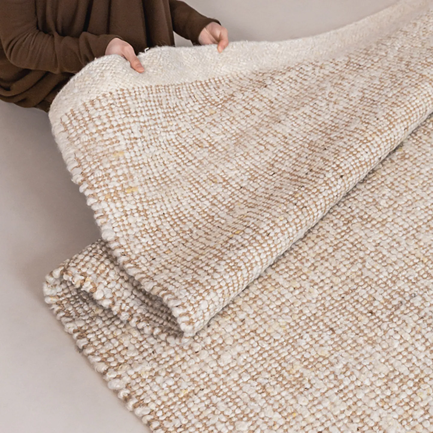 Handmade Wool Jute Woven Carpet Living Room Plain Color Simple Large Home Area Rug Decor Modern Cream Style Soft Bedroom Carpet