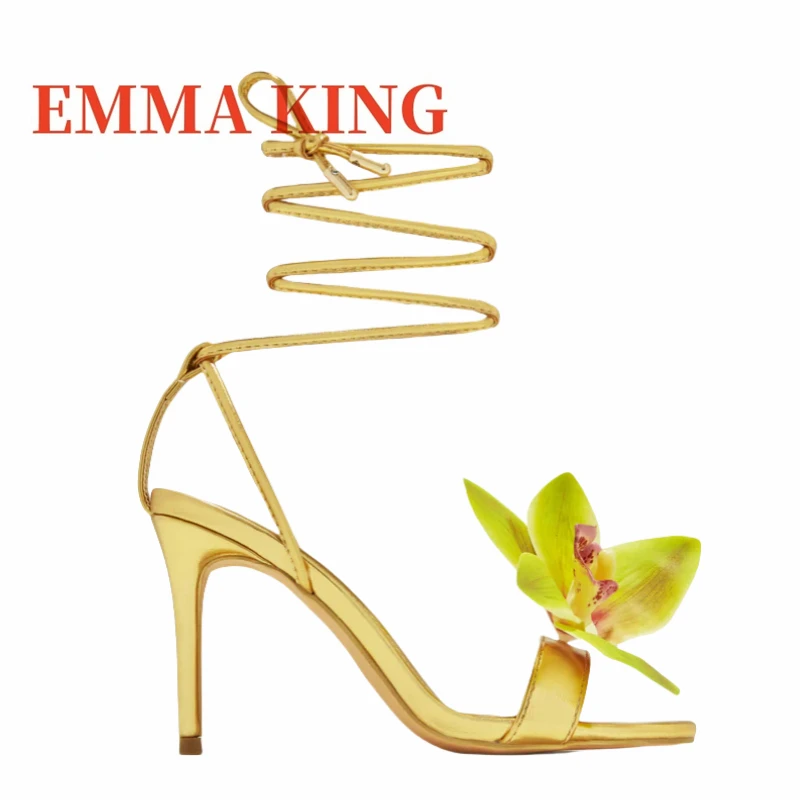 Tender Flower Lace Up Sandals Women Summer New Trending Stiletto High Heels Sandals 2025 Female Fresh Style Open Round Toe Shoes