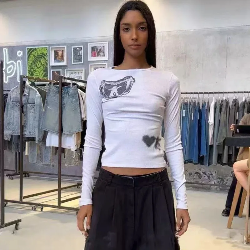 

Spring Summer fiti Little Man Print Long Sve Slim Fit T-irt Openyy Commute Sle Cotton Crew Ne 3D Effect Ladies Top