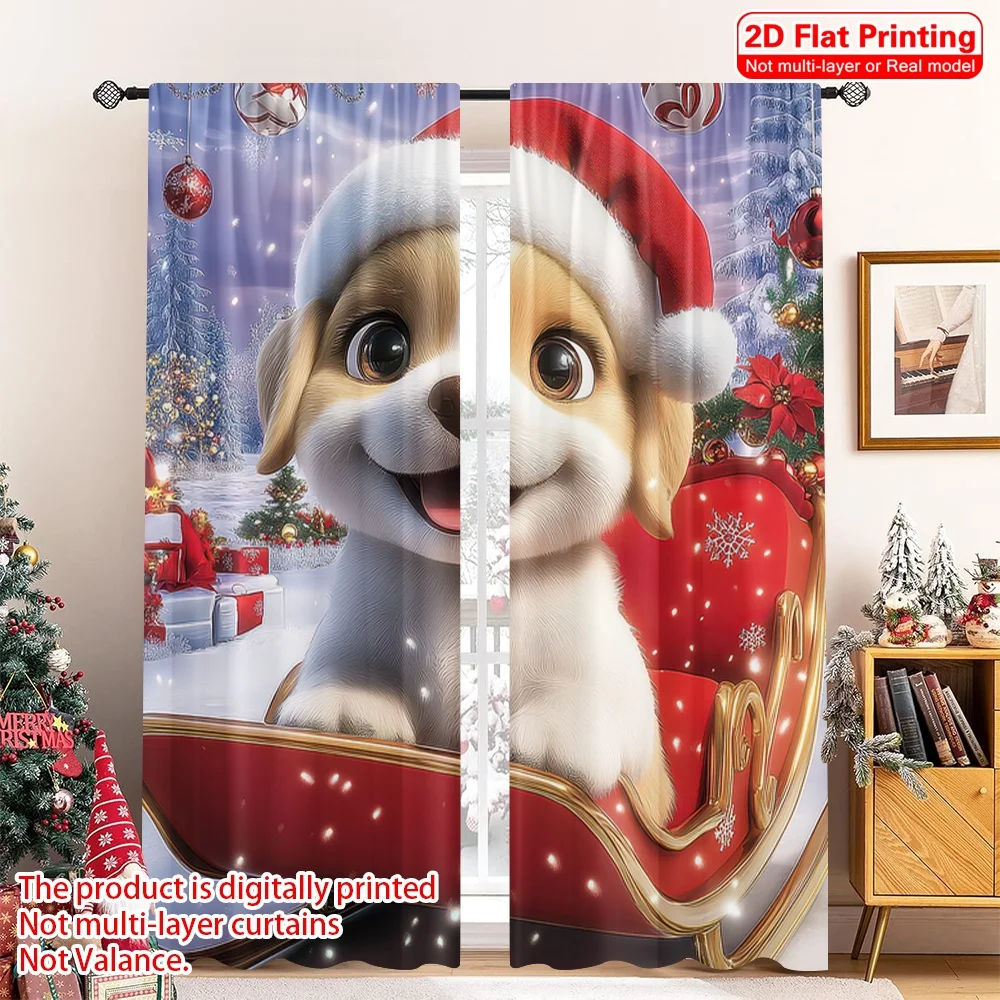 

2pcs 2D flat printing Merry Christmas Drapes A furry little dog for Christmas only Fabric Without Electricity Holiday