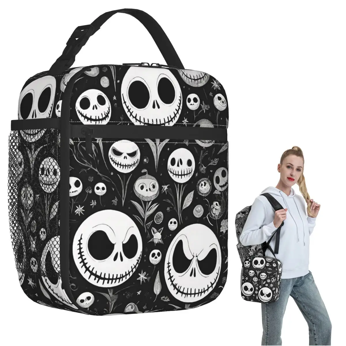 

Halloween Jack Face Skull Insulated Lunch Bag for Women Kids Portable Food Boxes Thermal Lunch Box Tote