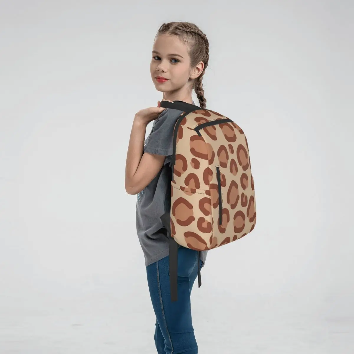 Light Brown Leopard Pattern Backpack Large Capacity Children BookBag School Bag Shoulder Bags for Men Women