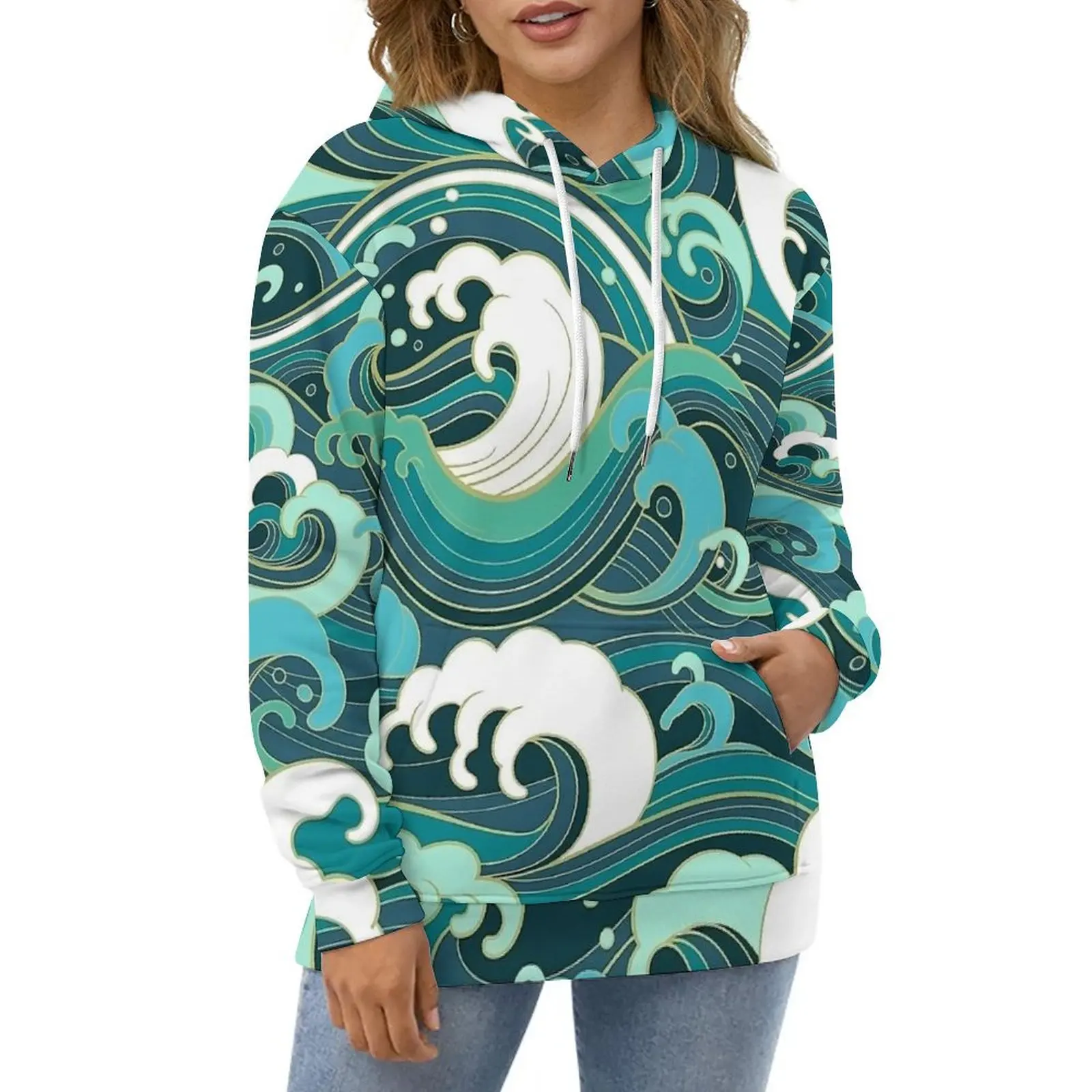 

Japanese Wave Casual Hoodies Retro Print Aesthetic Hoodie Women Long-Sleeve Street Wear Printed Loose Oversized Tops
