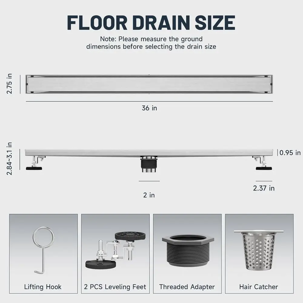 36 مصفاة دش مستطيلة مع حشوة بلاط، 304 من الفولاذ المقاوم للصدأ، لمسة نهائية من النيكل المصقول، تتضمن مصفاة الشعر #6
