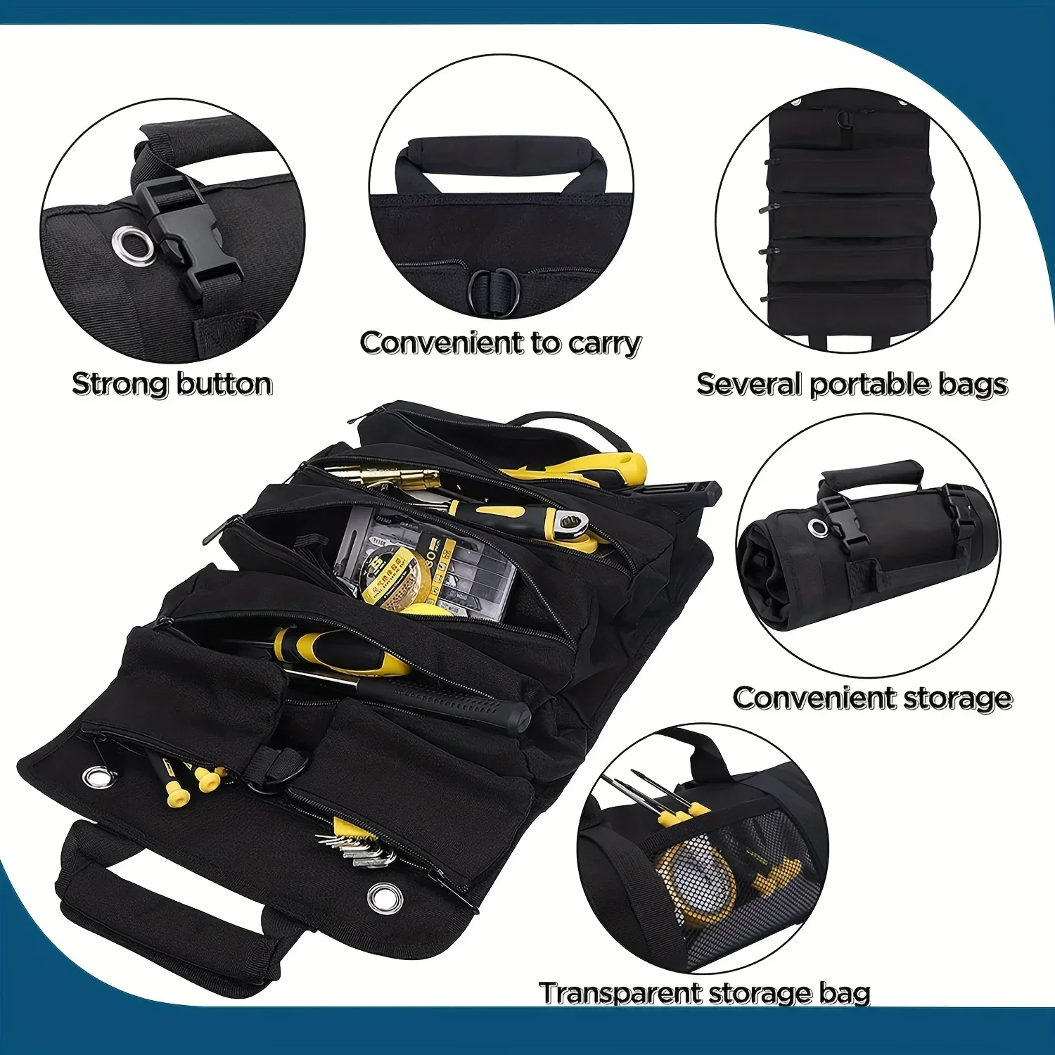 Organizadores pequeno saco com bolsas destacáveis, Heavy Duty Roll Up Tool Bag, Organizadores com 6 Bolsas