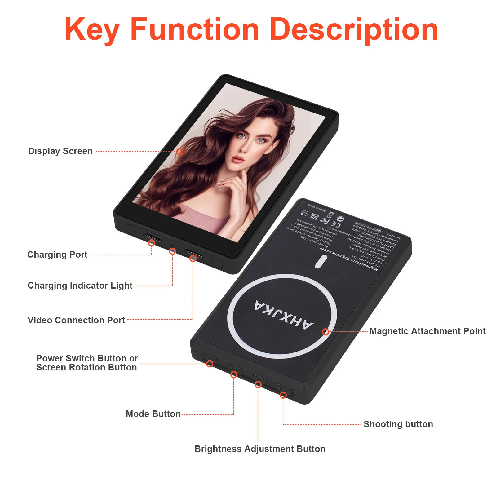 3.97 "téléphone magnétique Vlog Selfie moniteur écran enregistrement sans fil utilisant la caméra arrière du téléphone pour Selfie Vlog flux en direct Bluetooth