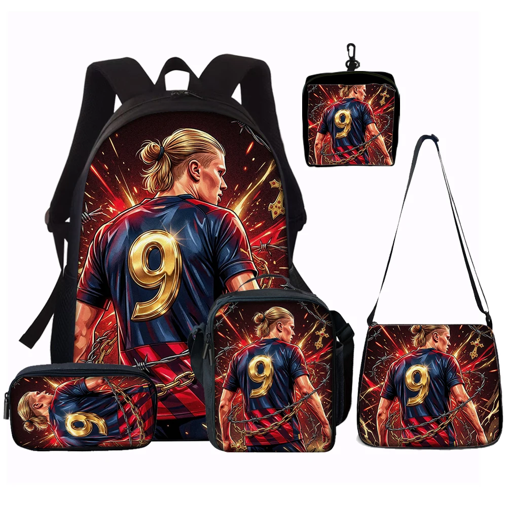 1/2/3/4/5-teiliges Fußballstar-Muster-Rucksack-Set – Lässiger Rucksack mit großem Fassungsvermögen und passender Clutch- und Tragetasche, perfekt für den Alltag