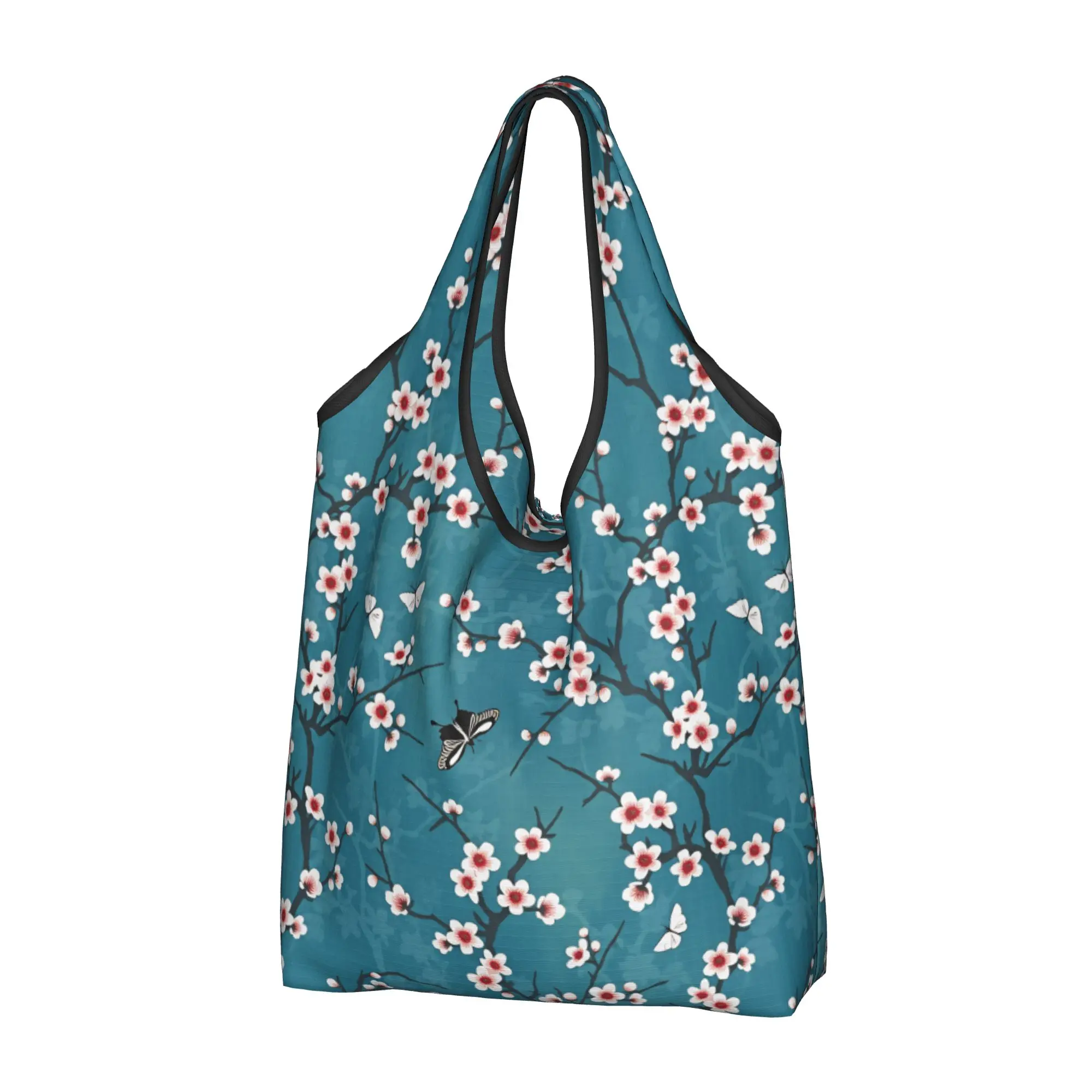 Japane Flowers Cherry Blossom  Groceries Shopping Tote Bag Women Custom White on Teal Shoulder Shopper Bag Big Capacity Handbag
