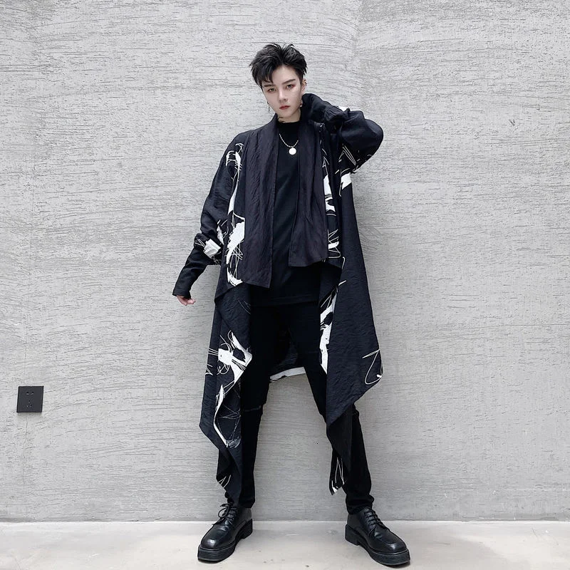 2022 Autumn New Pile Collar Irregular Geometric Pattern Men's Medium Long Shirts Black Japan Style Cardigan Tops 2Y2241