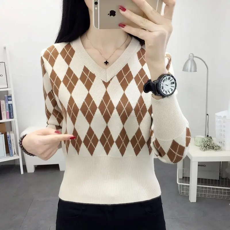 Autumn Winter New Women\'s Pullovers Argyle V-Neck High Waist Slim Appear Thin Sweaters Fashion Casual Versatile Long Sleeve Tops