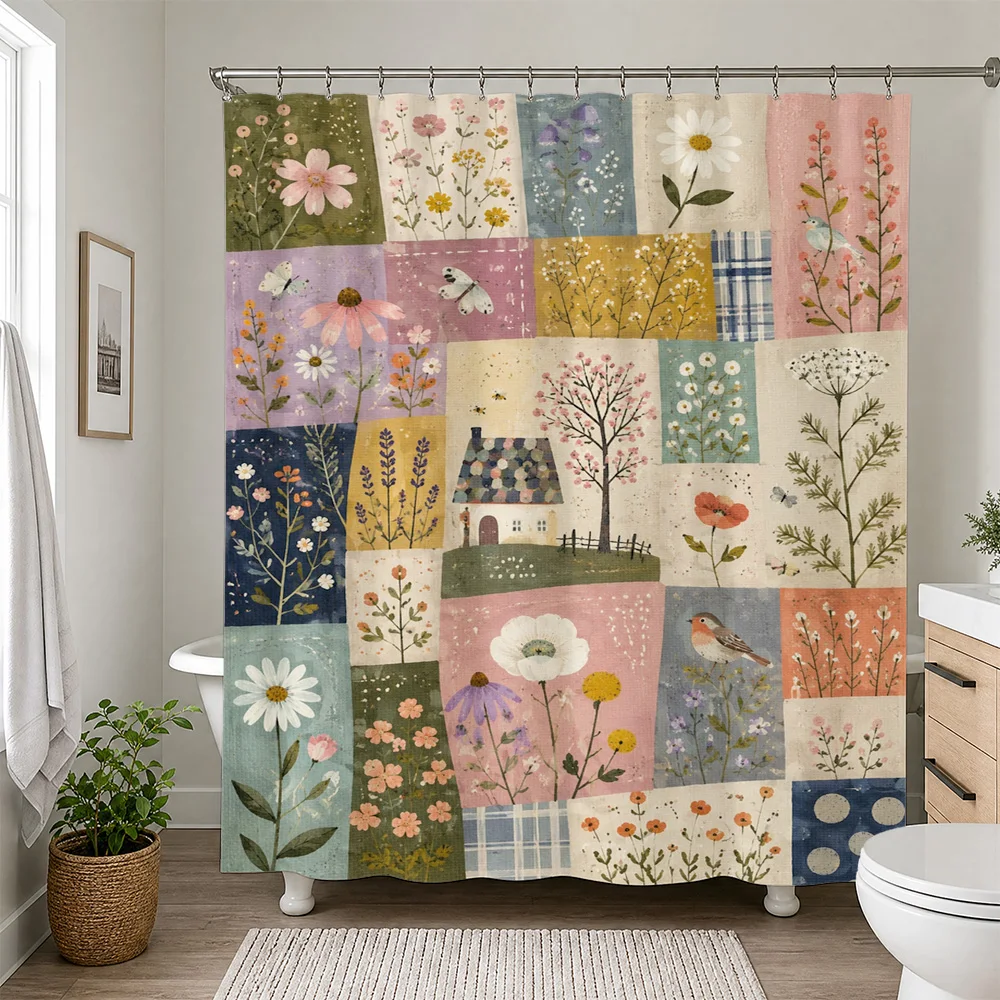 Vintage Cottage Garden Patchwork Shower Curtain Bathroom Decor Floral Print Watercolor Style