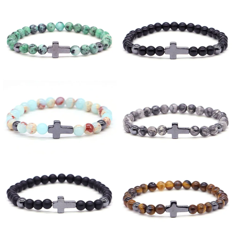 6Mm Kristal Kralen Kruis Armband Voor Mannen Vrouwen Natuursteen Hematiet Matte Obsidiaan Tijgeroog Meditatie Yoga Paar Gem Armband