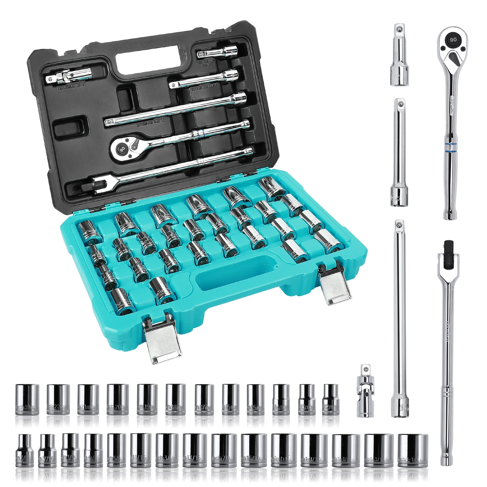 

DURATECH 1/2" Drive Socket Set, 33-piece, Including Metric/SAE Sockets, 1/2-Inch Ratchet, Breaker Bar and Socket Adapters