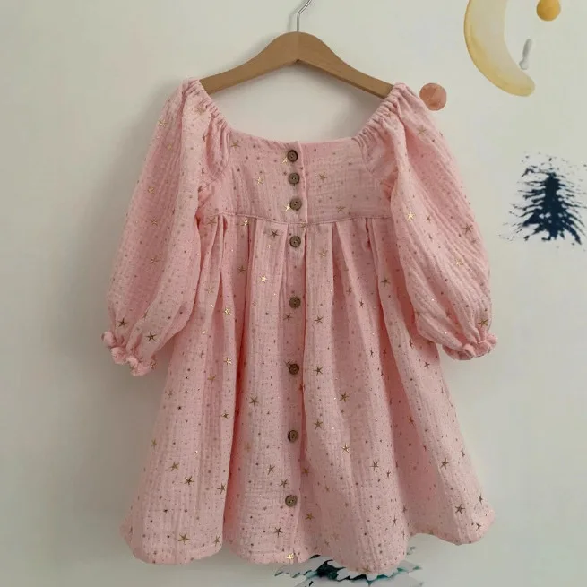 

Весенне-осенние платья для русских девочек 2025 года, хлопковые повседневные платья принцессы на одно плечо с объемными рукавами