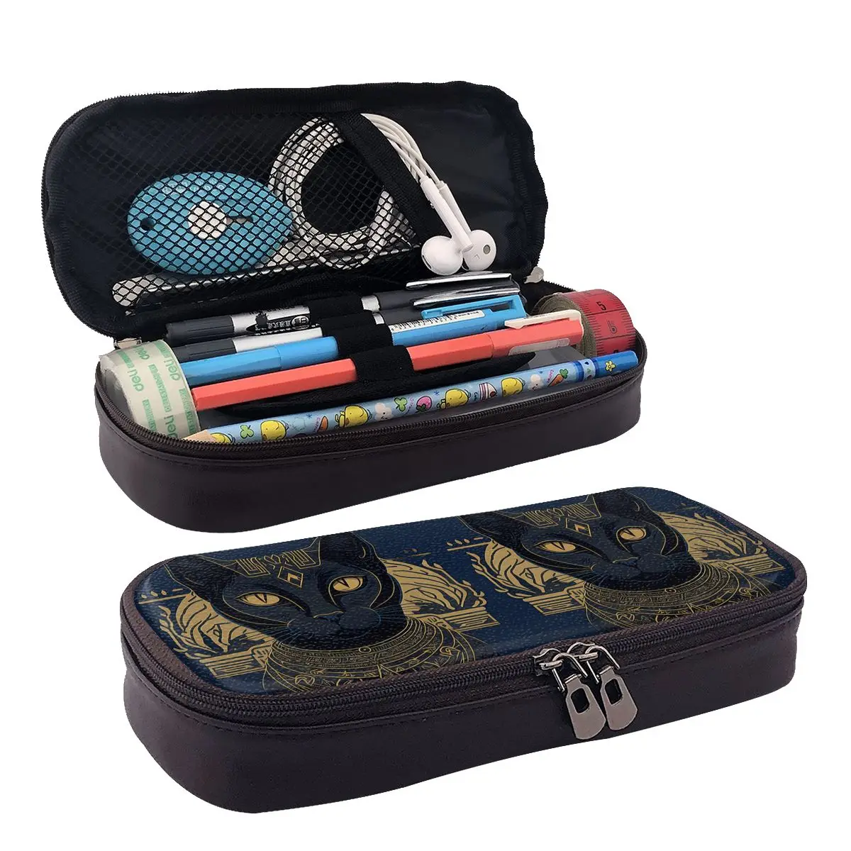 Estuche de cuero con diseño de la diosa egipcia Bastet, arte del antiguo Egipto, gato negro adorable, mitología faraónica, caja para lápices, bolsa para lápices, estuche para bolígrafos
