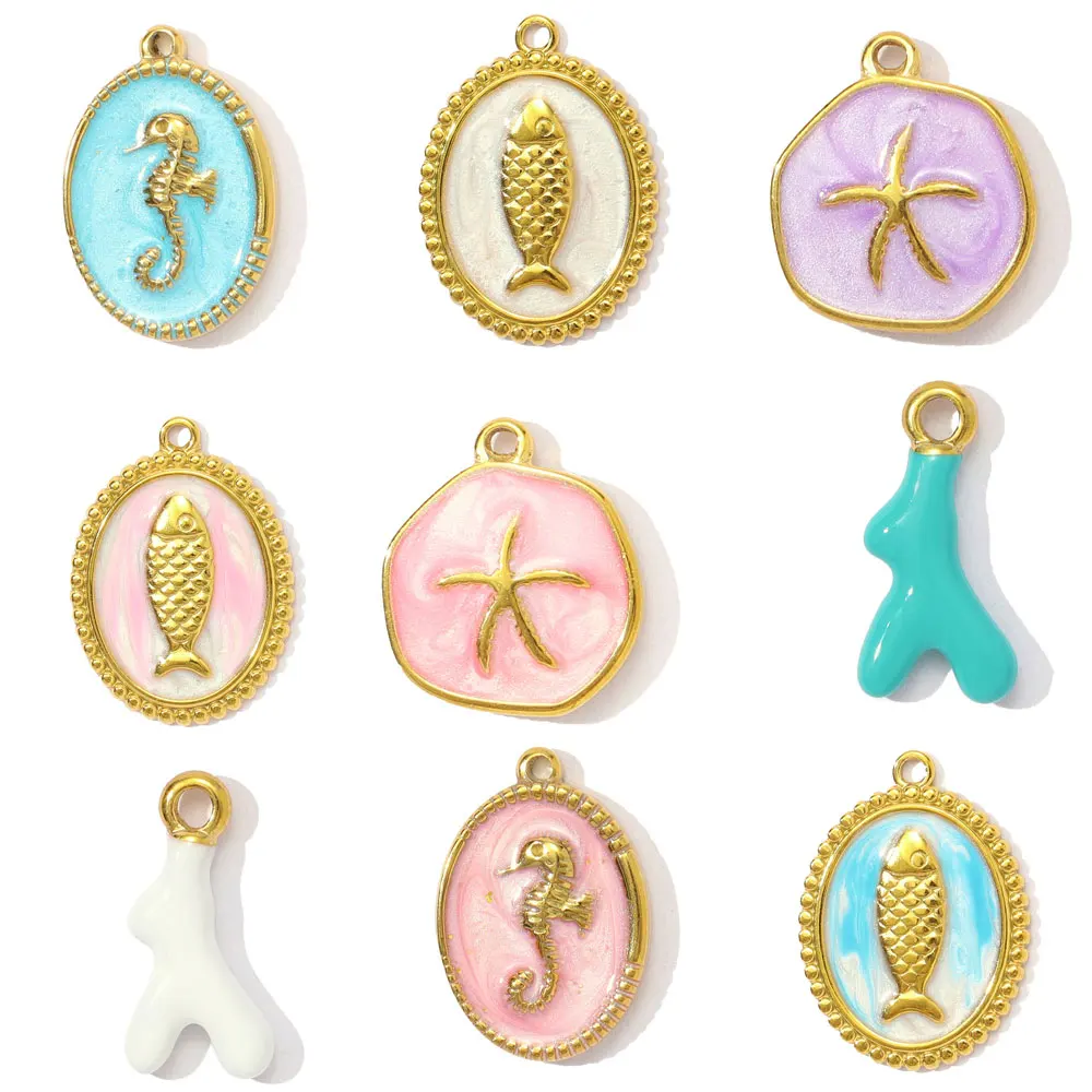 3pcs/Lot Wholesale Stainless Steel Enamel Heart Poker Lip Necklace Pendants Star Cross Sun DIY Charms Women Starfish Jewelry