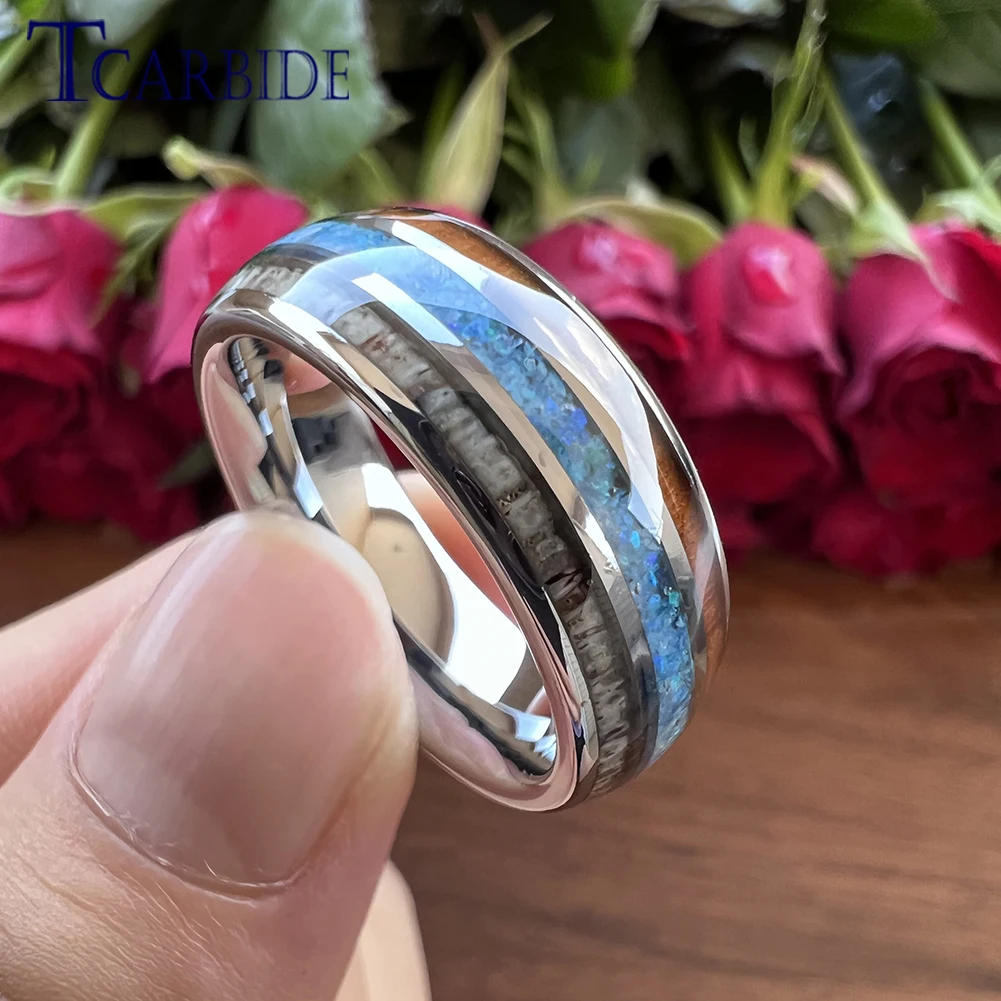 Dropshipping 8mm Men Women Tungsten Wedding Ring Dome Band With Deer Antler Blue Opal And Wood Inlay Comfort Fit