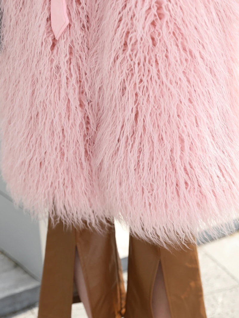 2024 Light Winter Pink Tan Wool Lambswool Imitation Fur Long-Cut Coat Furry Slim Belt