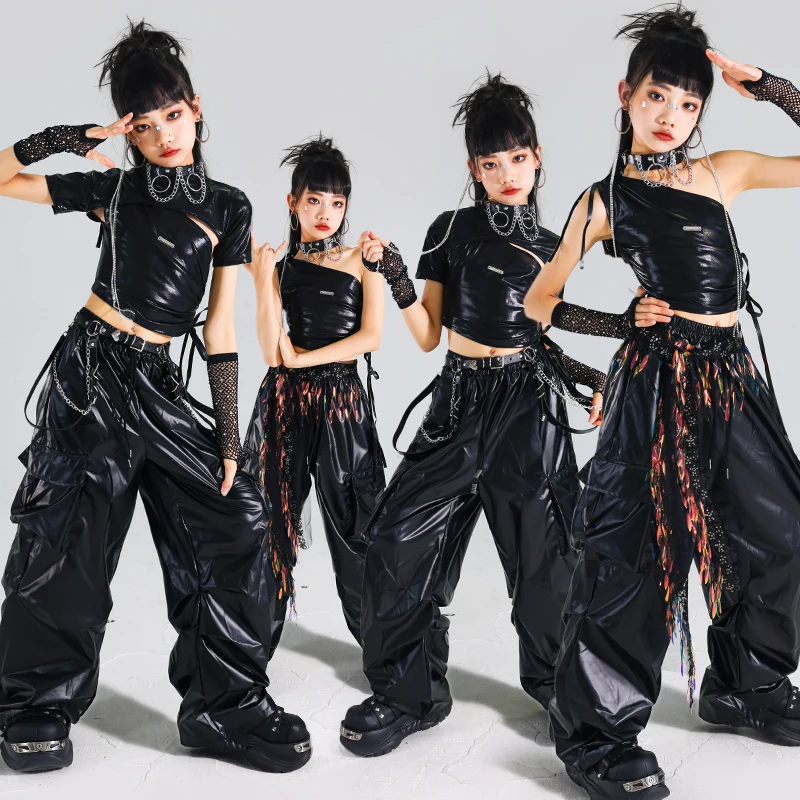 

Детская сценическая одежда в стиле хип-хоп для девочек, детская сценическая одежда, джазовый костюм для девочек, укороченный топ K-pop, уличные танцы, блестящие кожаные брюки-карго