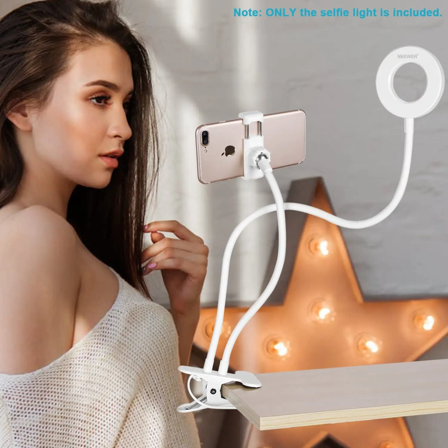 Neewer Clamp-on Selfie Ring Light مع حامل الهاتف الخليوي ذو دعامة كسولة للبث المباشر، YouTube، Facebook