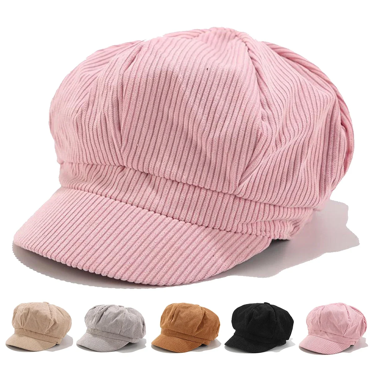 Unisex Einfarbige Cord-Schirmmütze Frühling Herbst Retro Baskenmütze Lässige Kappen Unisex Wetterfeste Achteckige Mütze