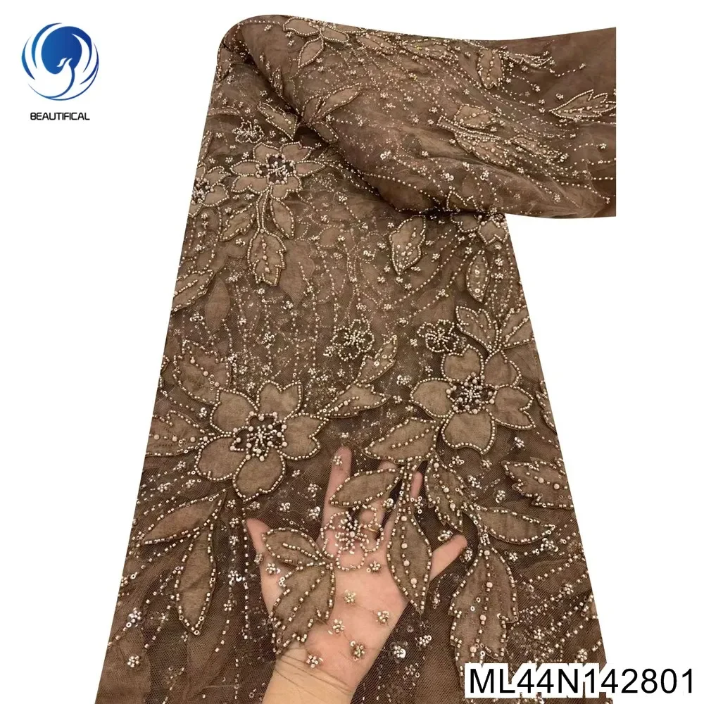 

French High Quality Sequins and Beads Brown Tulle Lace, Unique Applique Craft Mature Temperament Evening Dress, ML44N1428