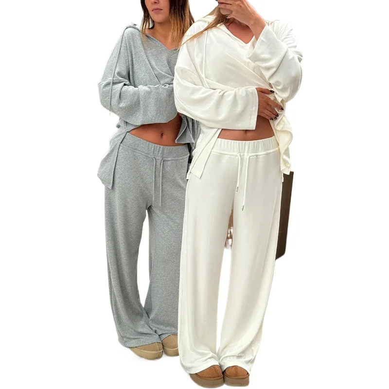 

Casual Solid Color Women's Two Piece Suit Long Sleeve Hooded Crop Top Sweatshirt + Loose Sweatpants Winter Fall Tracksuit