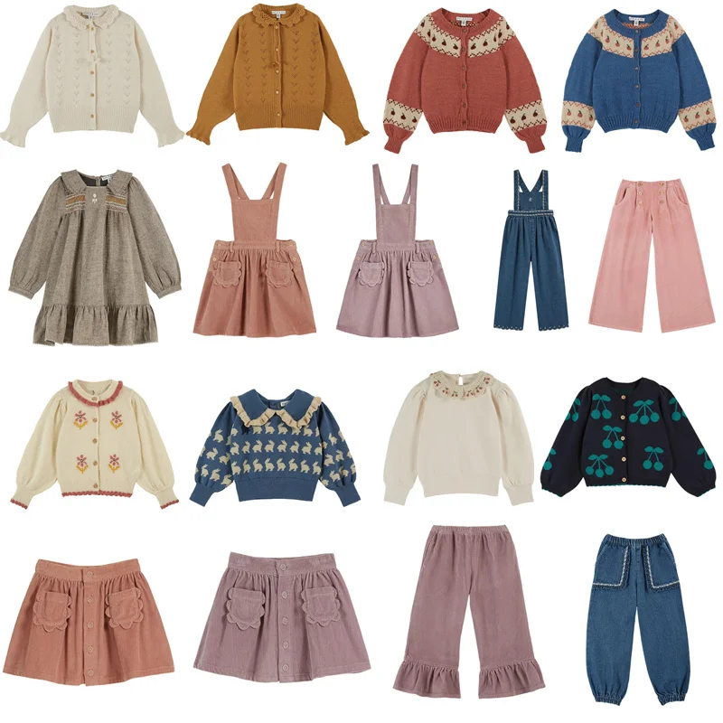 Kids Knit Cardigan Outwear 2024 Auutmn Winter Girl Dress Retro Child Sweaters Pullover Denim Corduroy Pant Trousers Clothes