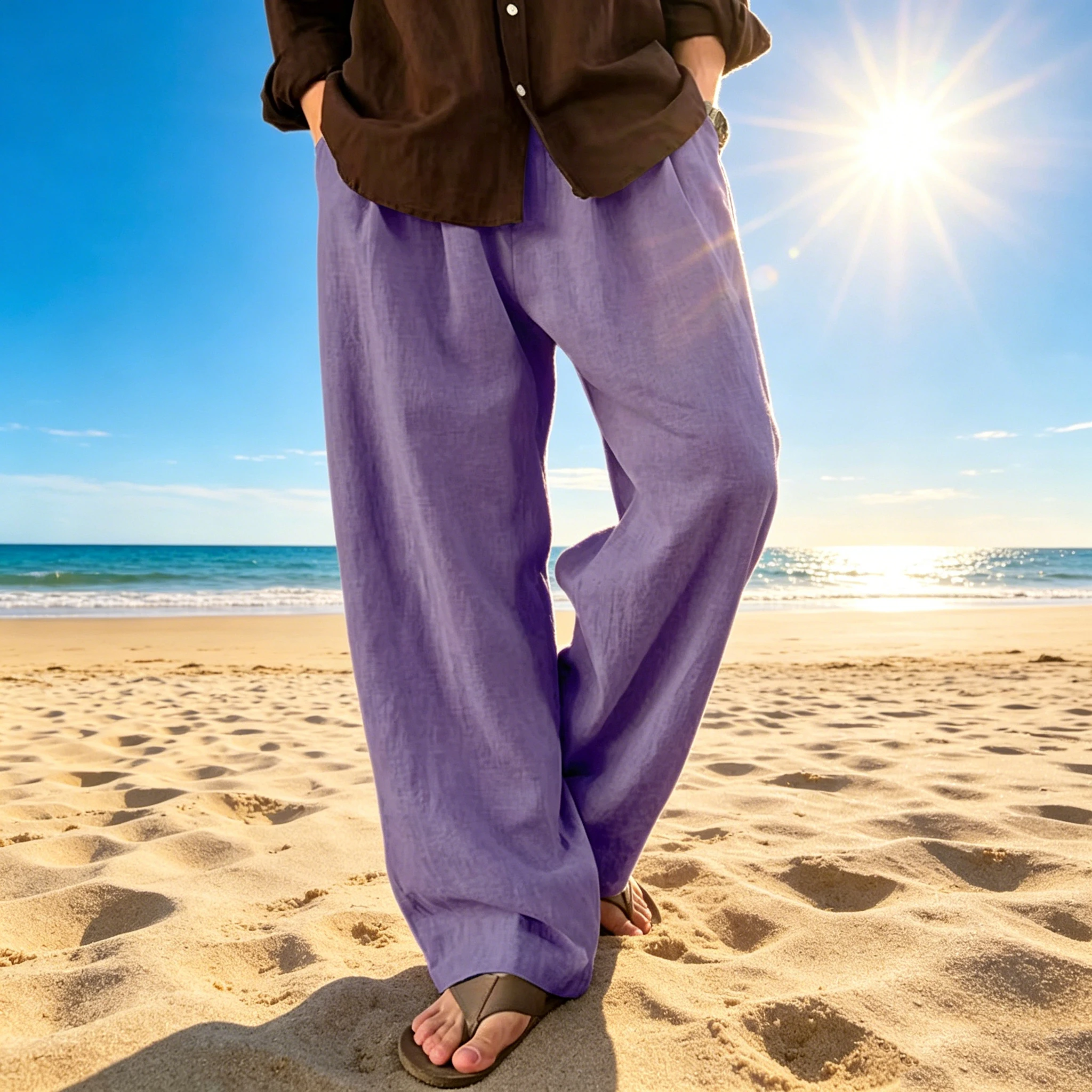 

Men's Linen Wide Leg Pants High Waist Loose Fit Suit Trousers Summer Casual Vacation Beach Walking Pants Elastic Waist Oversized