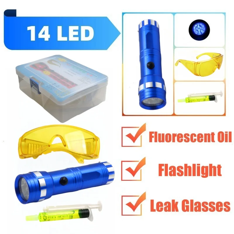 

14 LED UV Flashlight Protective Glasses UV Dye Tool Set Car R134A R12 Air Conditioning A/C System Leak Test Detector Kit