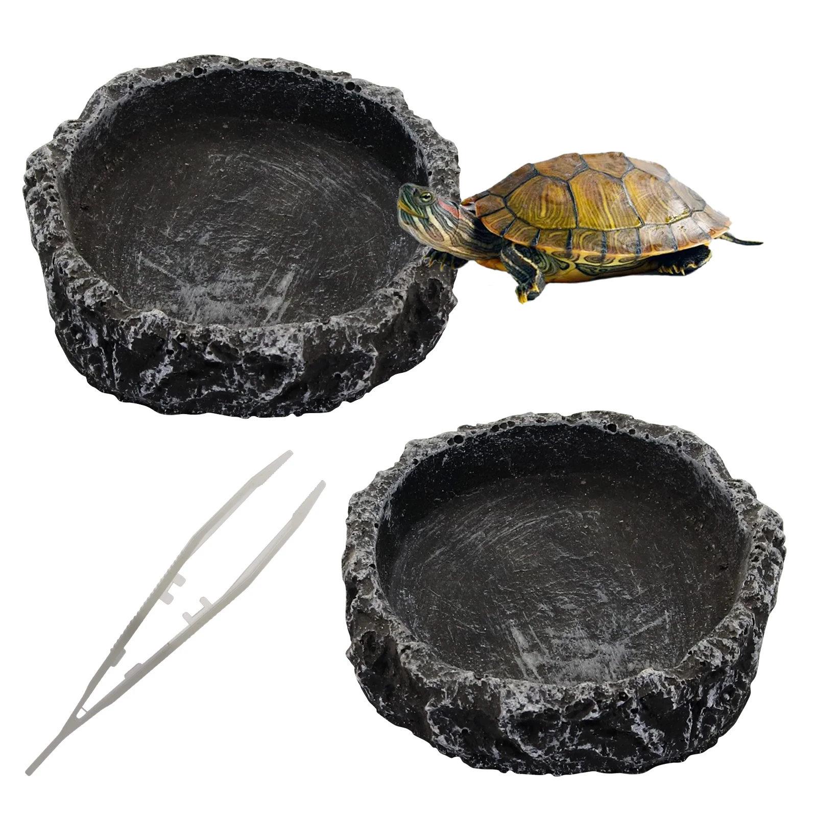 Cuenco de agua para reptiles, plato de comida para reptiles y tortugas con Clip de alimentación, cuenco de alimentación de resina para tortuga, lagarto, Rana, erizo, Gecko, 2 uds.