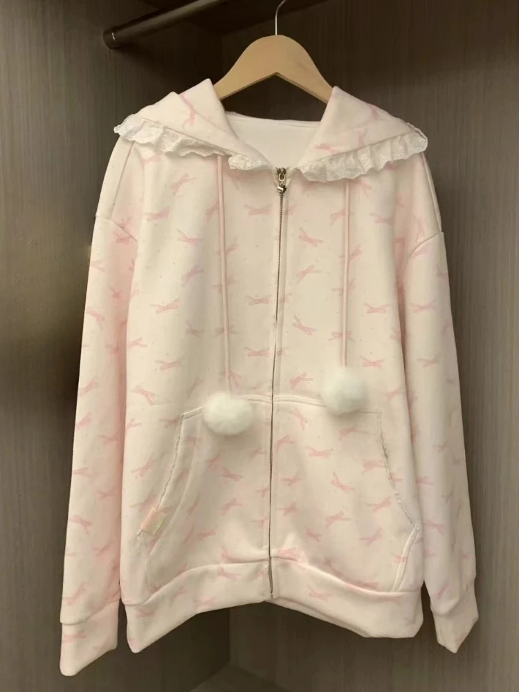 

Japanese Y2k Aesthetic Sweet Lovely Sweatshirts Women Vintage Slim Cute Coats Jacket Harajuku Winter Casual Kawaii Hoodies Tops