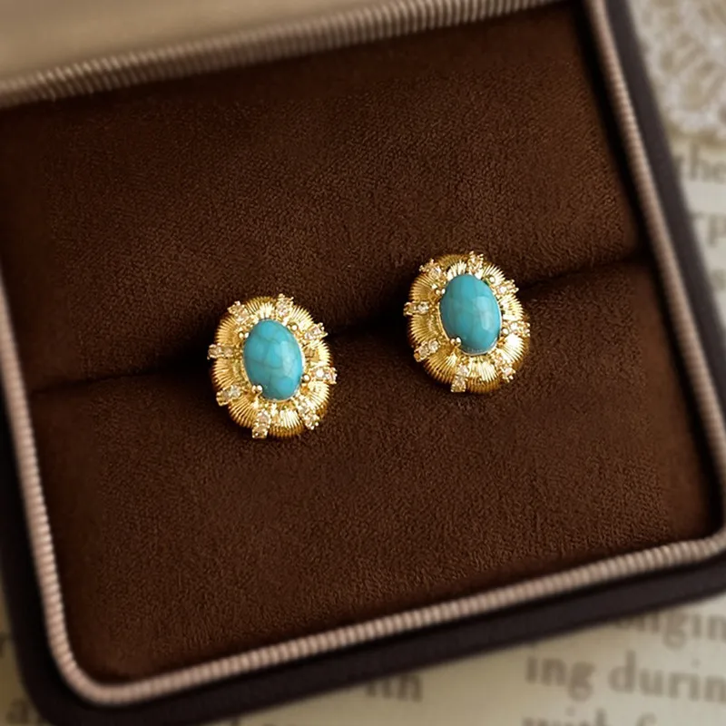 Vintage Green Turquoise Stones Diamonds Flowers Stud Earrings for Women 18K Gold Filled Sterling Silver 925 Bijoux Fine Jewelry