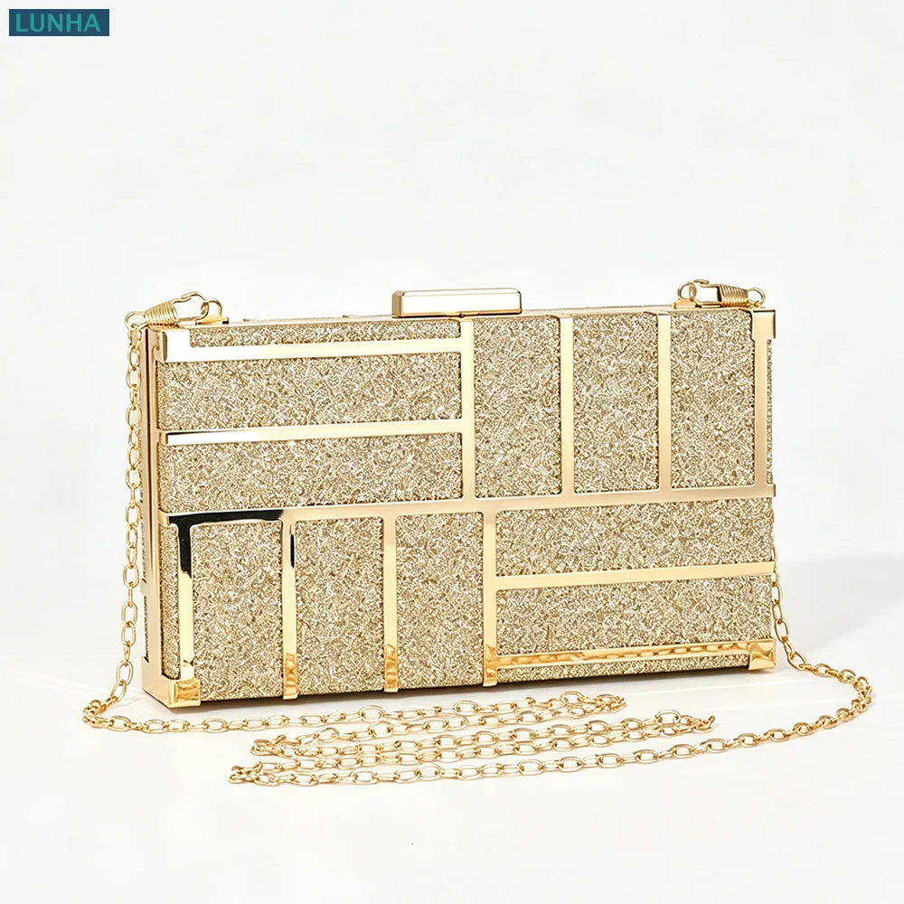 Women's Luxury Sparkle Box Clutch Geometric Gold Framed Evening Purse with Detachable Chain Wedding Party Handbag