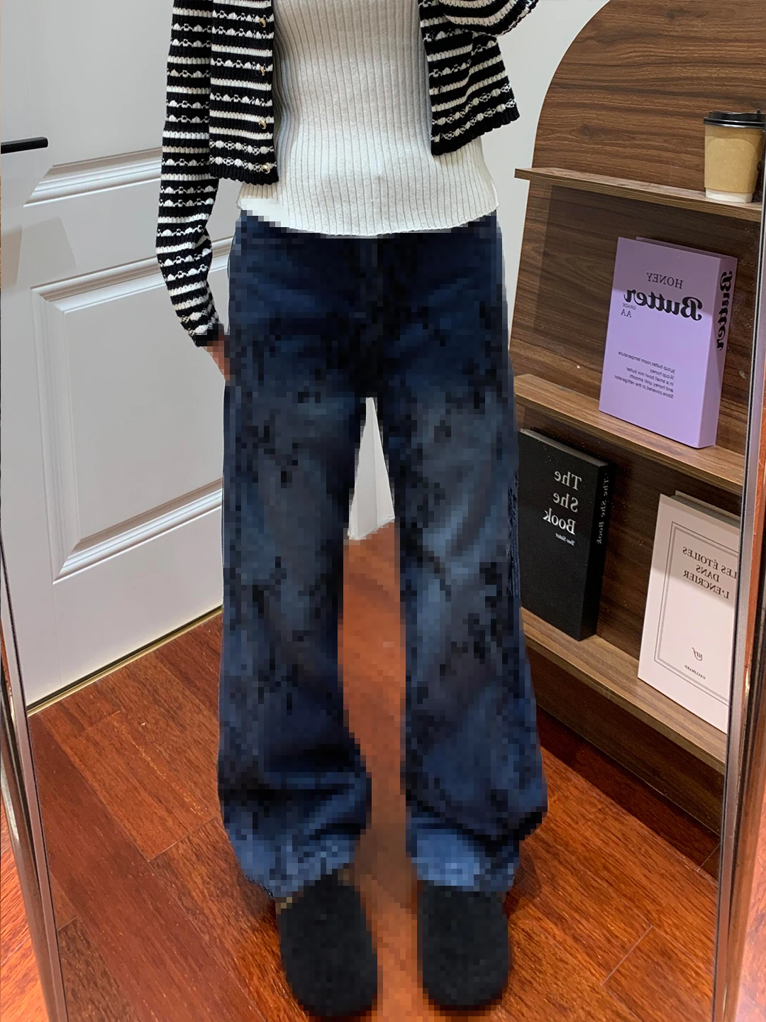 

American High Street Thiened Fce Wide Leg Floor-Length Jeans Women's Retro Faion Versatile High Waist Denim Pants
