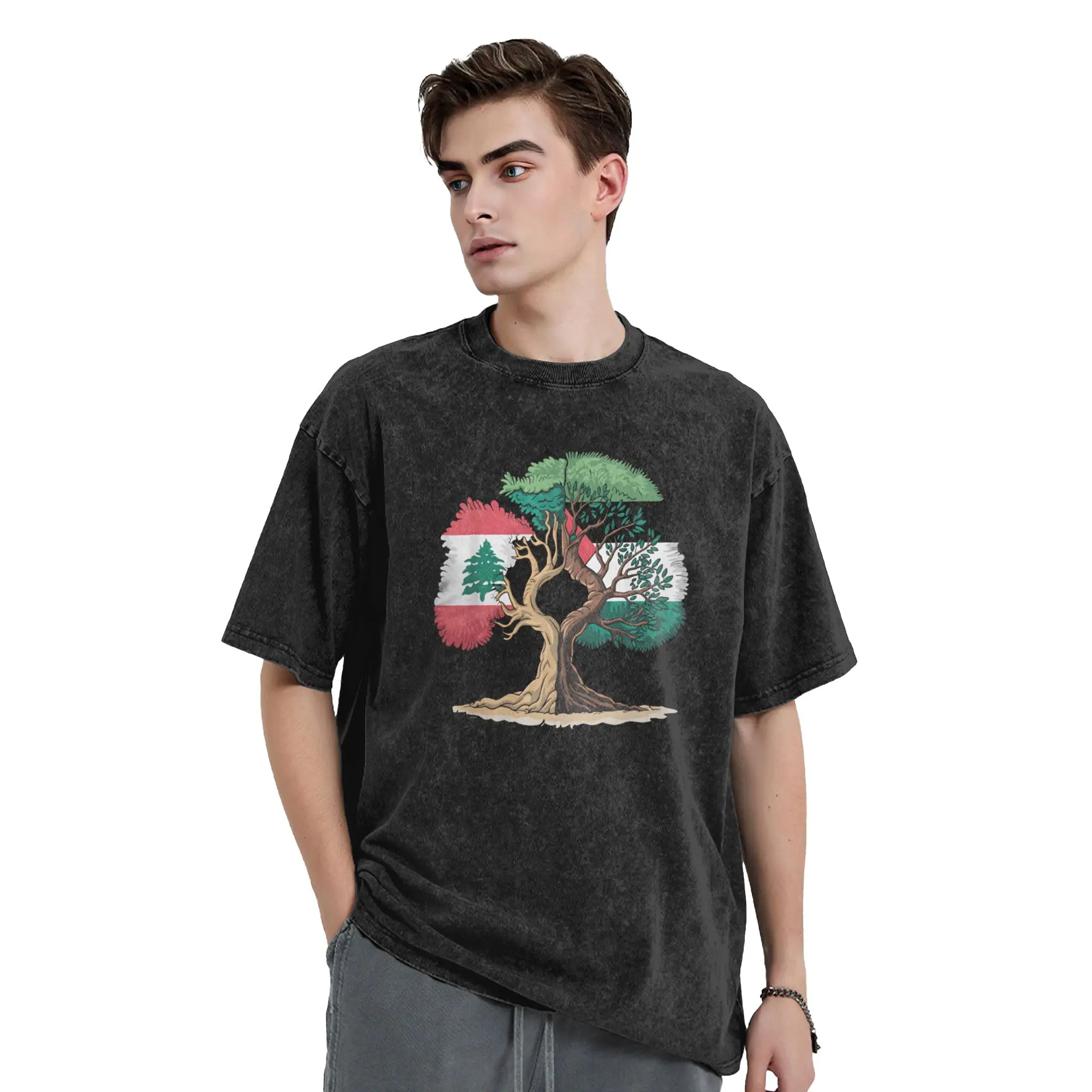 Funny Lebanon T-Shirt for Men Crew Neck 100% Cotton Washed T Shirt Tree Short Sleeve Tee Shirt Adult Tops