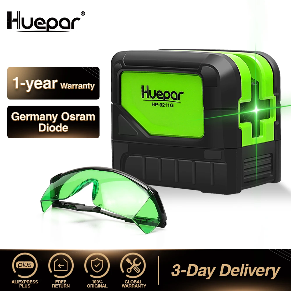 

Huepar Green Beam Laser Level 2 Cross Lines 2 Points Professional 180 Degrees Self-leveling+Huepar Laser Enhancement Glasses