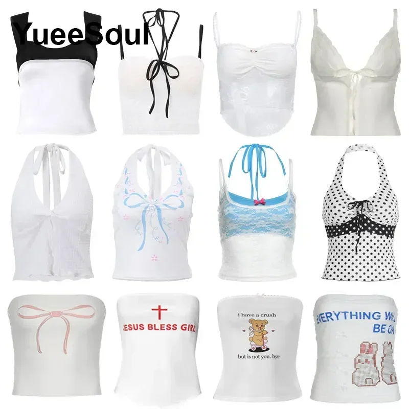 White Y2K Tops 2025 Summer New Fashion Sweet Cute 2000s E Girl Crop Tops Printed Sleeveless Slim Casual High Street Tank Top