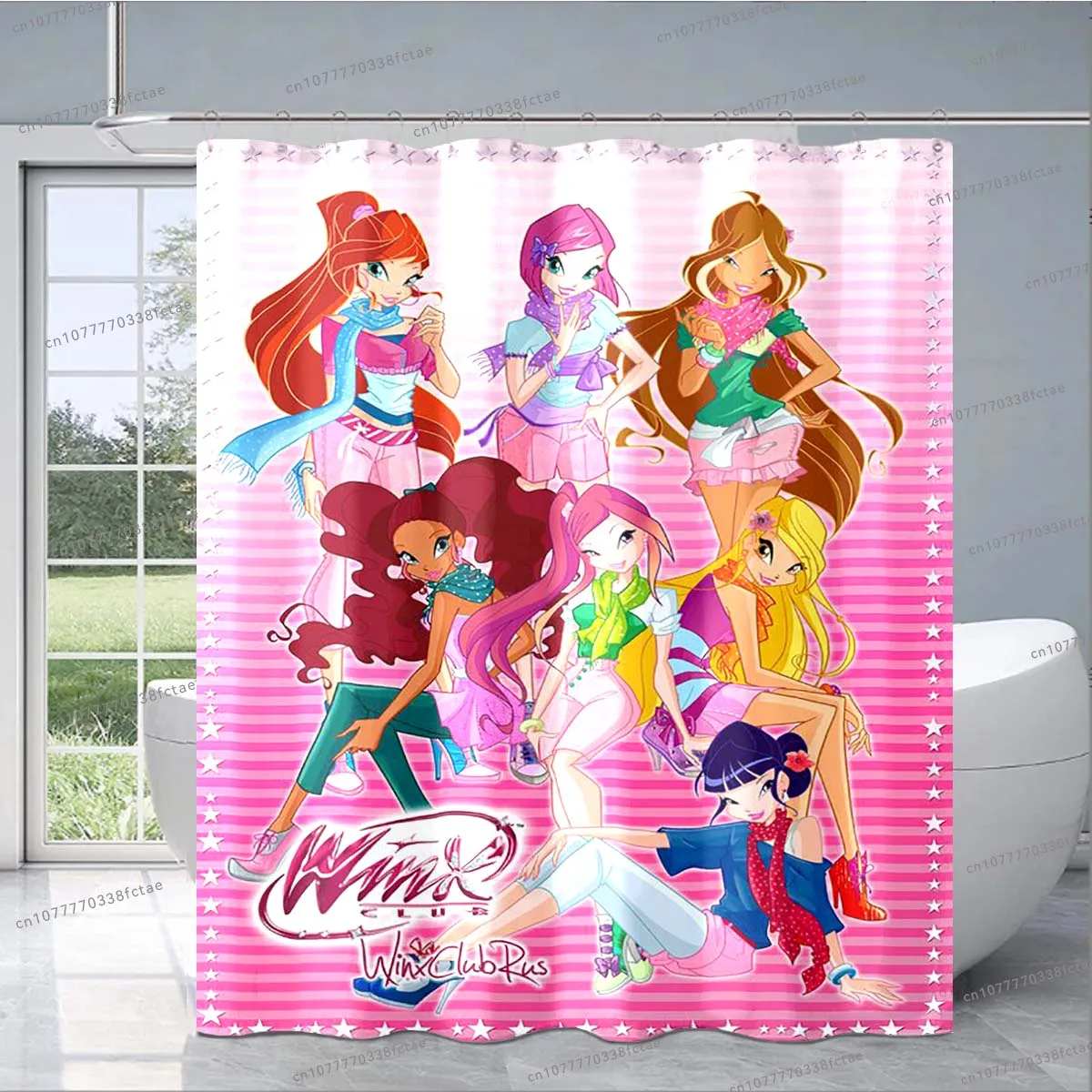 ม่านอาบน้ำอะนิเมะ Winx สีชมพูลายภาพยนตร์อนิเมะแบบคลาสสิกม่านห้องน้ำรูปการ์ตูนสำหรับเด็กตกแต่งแฟชั่นของขวัญสำหรับเด็ก