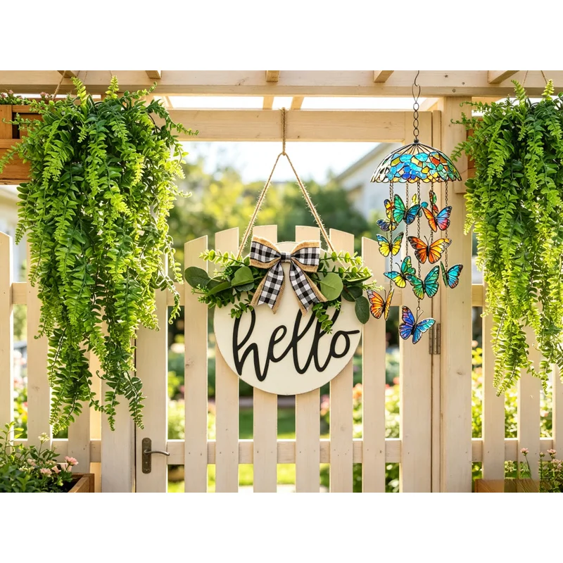 Hello Wooden Door Sign Wreath Buffalo Plaid Bow Artificial Greenery Hanging Sign Porch Wall Decor Farmhouse Home Garden Decor