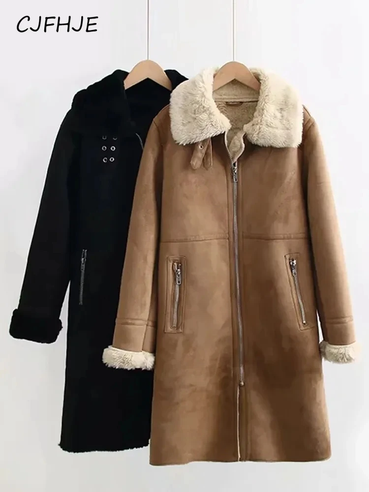 CJFHJE inverno donna ecopelle pelle agnello lana Patchwork giacca Casual Lady allentato colletto rovesciato giacca lunga Vintage Outwear