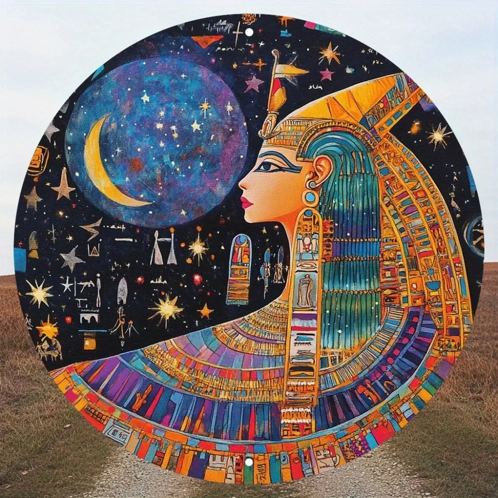 Egyptian Goddess Nut Metal Wall Sign 7.87x7.87 Inch Round Iron Starry Sky Hieroglyphic Home Office Decor