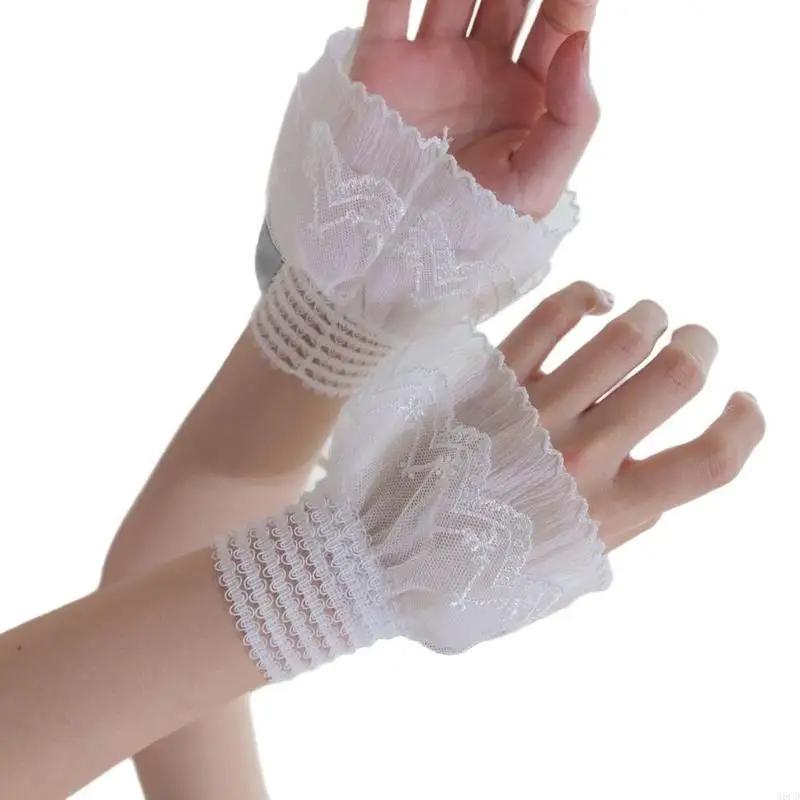 M6CD Guantes encaje volantes Mangas flores blancas Extensión manguito decorativo para mujeres
