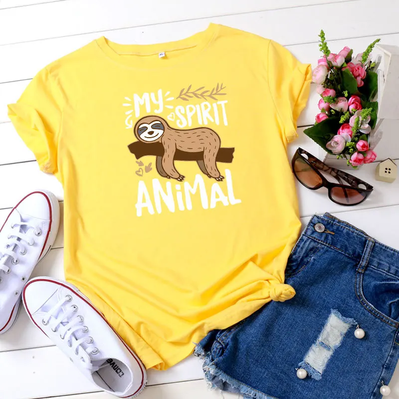 MY SPIRIT ANIMAL Sloth Print Women T Shirt Short Sleeve O Neck Loose Women Tshirt Ladies Tee Shirt Tops Clothes Camisetas Mujer