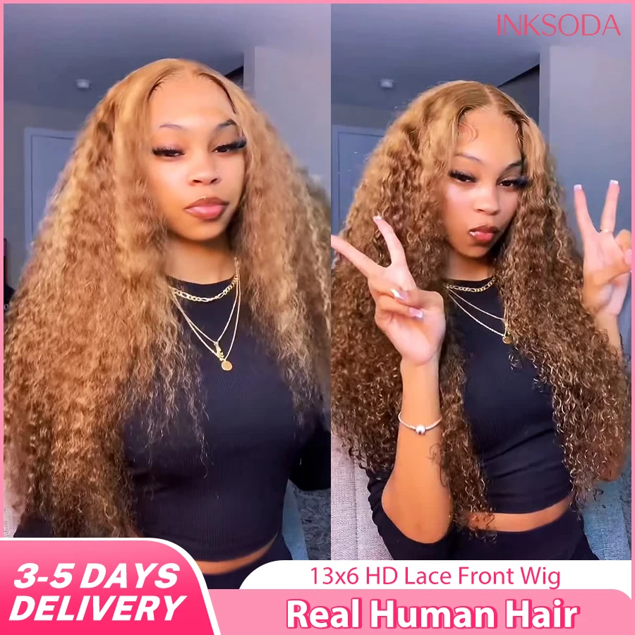 

220% Density 16-36 Inch Highlight Honey Blonde Curly Deep Wave Wigs Human Hair 13x6 13x4 HD Transparent Lace Frontal Wig #27 Colored Curly Wigs For Women Human Hair Colored Wigs Pre-Plucked Prebleached