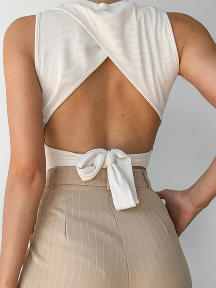 Sexy sem costas feminino regata bandagem magro colheita topo verão 2024 casual streetwear topos de algodão sólido macio criss cross topo