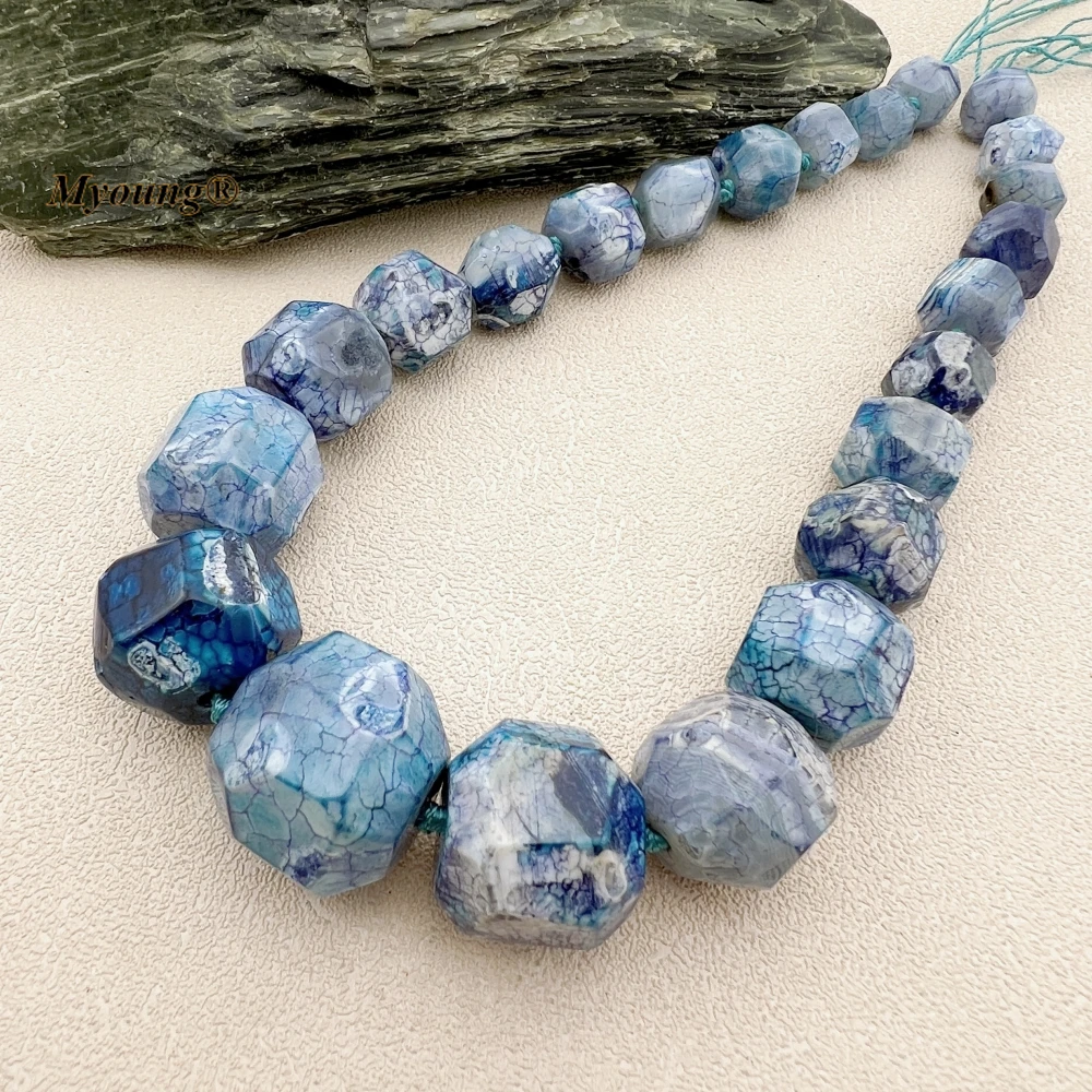 Graduated Latge Faceted Blue Dragon Veins Agates Cutting Nugget Ball Beads For DIY Choker Necklace Making  MY231031