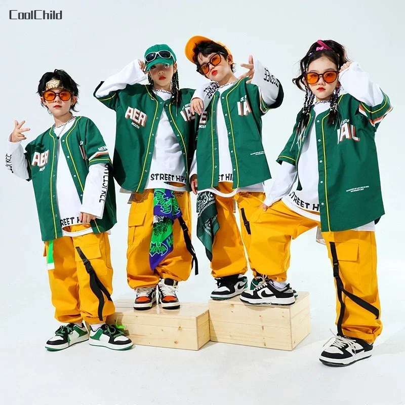 Hip Hop Boys Fashion Baseball Jacket Solid Cargo Pants Girls Cool Streetwear Children Jazz Clothes Set Kids Street Dance Costume