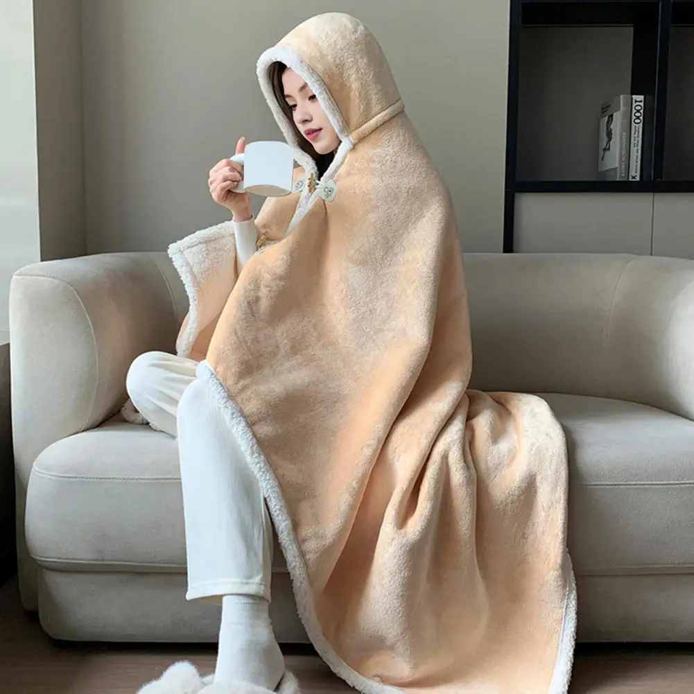 

Warm Cape Blanket Plush Hooded Cape Blanket with Button Fastening Double-sided Warmth Throw White Trim Comfort Office Nap Wrap